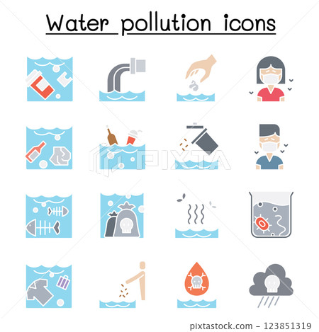 Water pollution, Contaminate, dirty icon set in flat color style 123851319