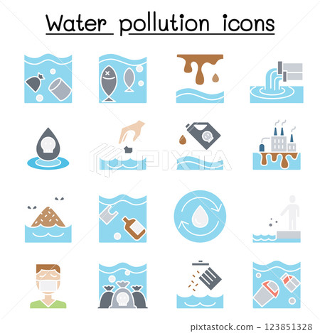 Water pollution, Ecology problem icon set in flat color style 123851328