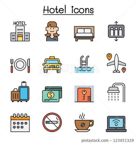 Hotel icon set in colorline style 123851329