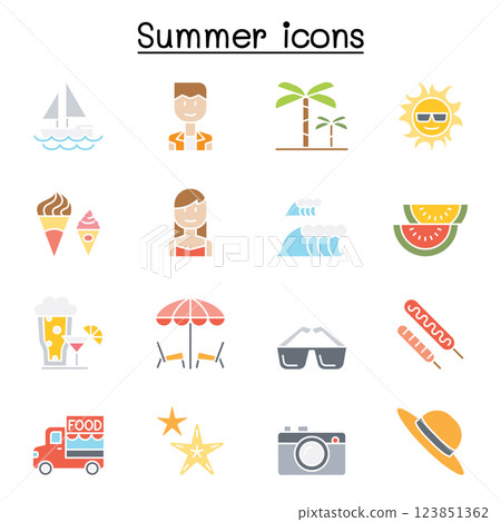 Summer icon set in flat color style 123851362