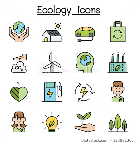 Ecology, Sustainable design, conservation, eco friendly design icon set in colorline style Ecology, Sustainable design, conservation, eco friendly design icon set in colorline style 123851363