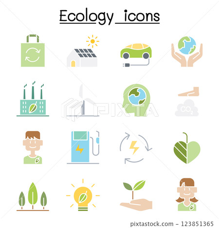 Ecology, Sustainable design, conservation, eco friendly design icon set in flat color style 123851365