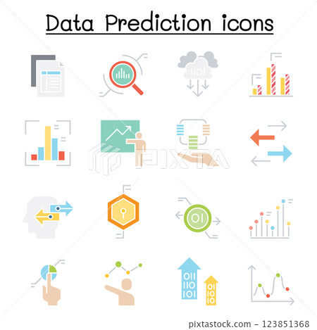 Data prediction icon set in flat color style Data prediction icon set in flat color style 123851368