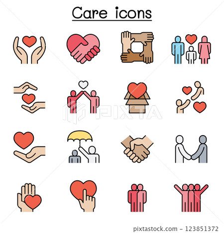 Care, generous and sympathize icon set in colorline style 123851372