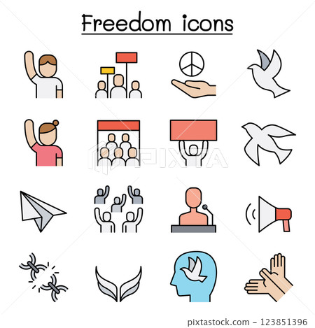 Freedom, peace, protest, demonstration icon set in colorline style Freedom, peace, protest, demonstration icon set in colorline style 123851396