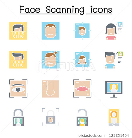 Face scanning, Face recognition and biometric authentication icon set in flat color style Face scanning, Face recognition and biometric authentication icon set in flat color style 123851404
