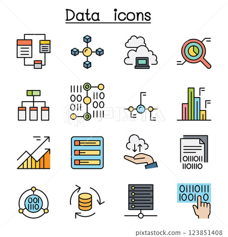 Data, database, graph, chart, diagram icon set in colorline style Data, database, graph, chart, diagram icon set in colorline style 123851408