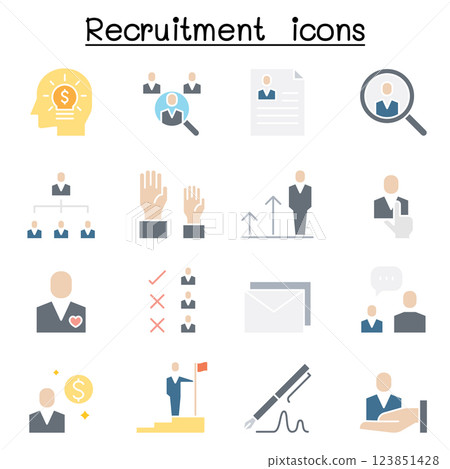 Job, Recruitment, interview, staff, employee icon set in flat color style 123851428