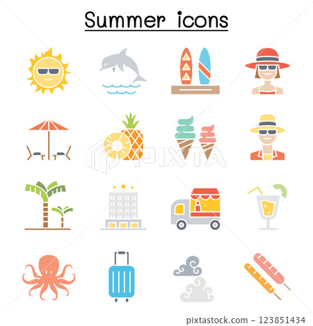 Summer icon set in flat color style 123851434