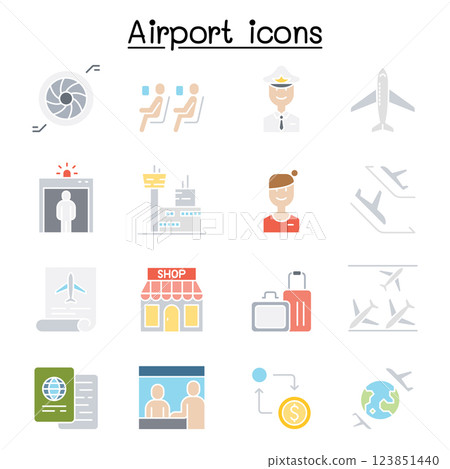 Airport icon set in flat color style 123851440