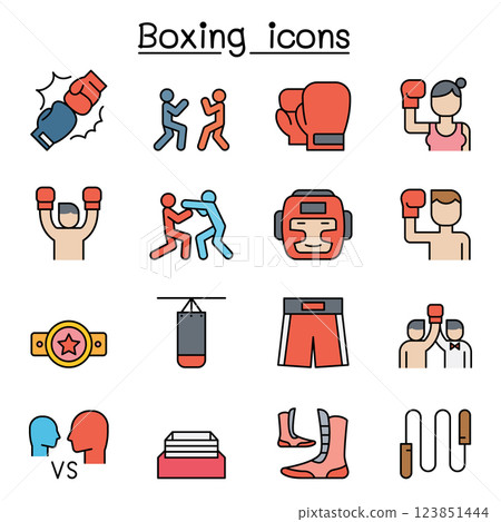 Boxing icon set in colorline style Boxing icon set in colorline style 123851444