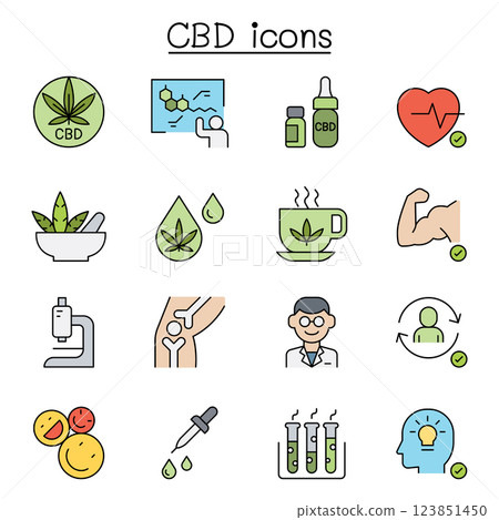 CBD, Cannabis, marijuana icon set in colorline style CBD, Cannabis, marijuana icon set in colorline style 123851450