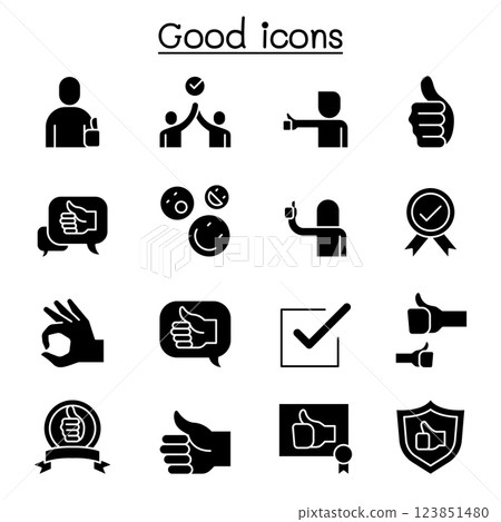 Good, approve, confirm, verify, quality icon set in glyph style Good, approve, confirm, verify, quality icon set in glyph style 123851480