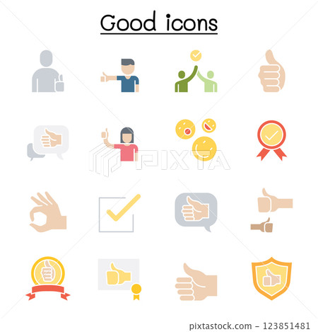 Good, approve, confirm, verify, quality icon set in flat color style 123851481