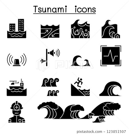 Tsunami and Storm icon set in glyph style Tsunami and Storm icon set in glyph style 123851507