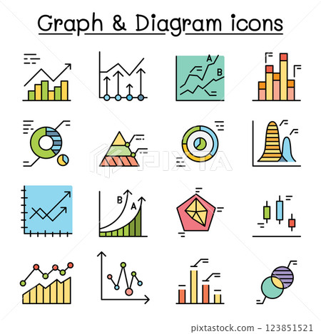 Graph, Diagram and chart icon set in colorline style 123851521