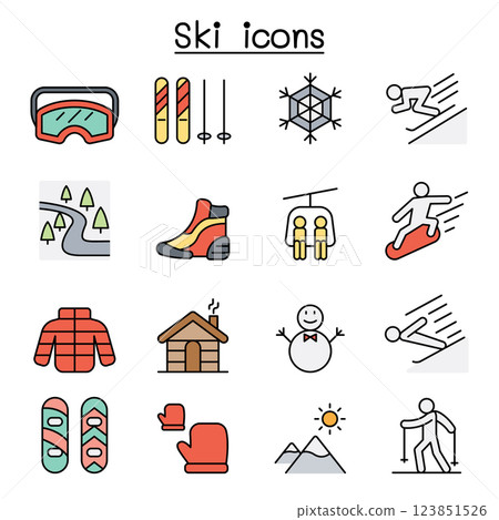Ski icon set in flat color style 123851526