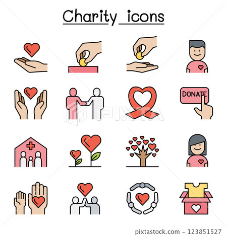 Charity, volunteer,sympathy and helping icon set in colorline style 123851527