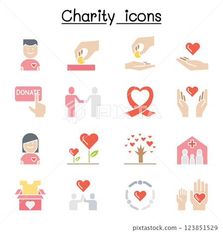 Charity, volunteer,sympathy and helping icon set in flat color style Charity, volunteer,sympathy and helping icon set in flat color style 123851529