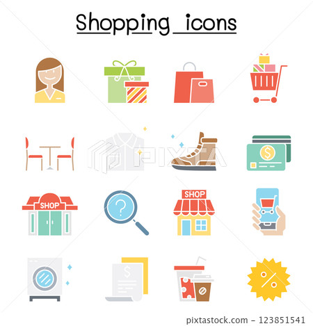 Shopping icon set in flat color style Shopping icon set in flat color style 123851541