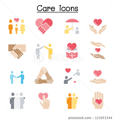 Care, Kindness, Generous icon set in flat color style 123851544