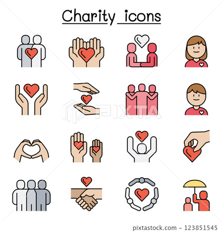 Charity, Kindness, Friendship, care icon set in colorline style Charity, Kindness, Friendship, care icon set in colorline style 123851545