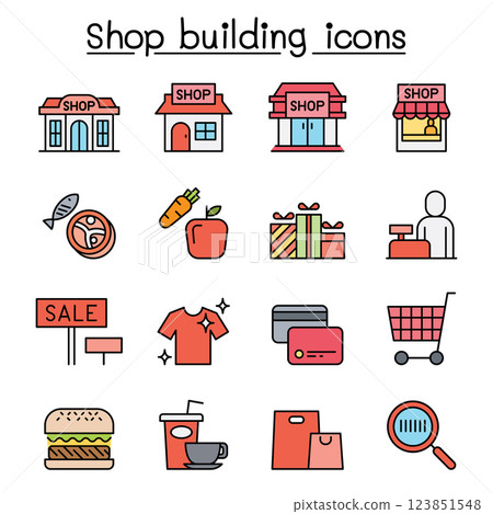 Shop building, Shopping mall, supermarket icon set in colorline style 123851548