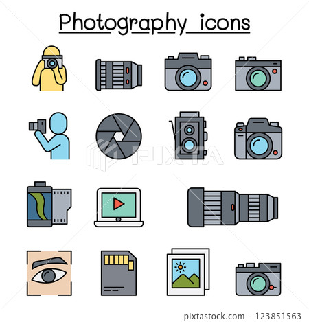 Photography icon set in colorline style Photography icon set in colorline style 123851563