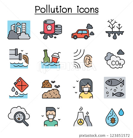 Pollution icon set in colorline style Pollution icon set in colorline style 123851572