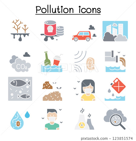 Pollution icon set in flat color style 123851574