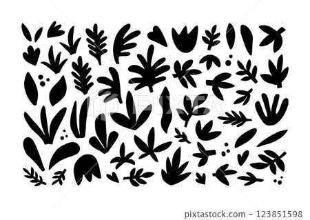 Hand drawn jungle leaf silhouette funky vector set Hand drawn jungle leaf silhouette funky vector set 123851598