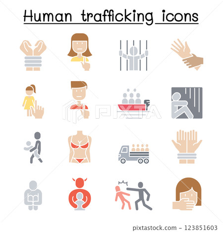 Human trafficking icon set in flat color style 123851603