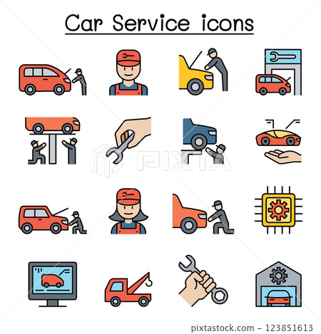 Car service and maintenance icon set in colorline style Car service and maintenance icon set in colorline style 123851613