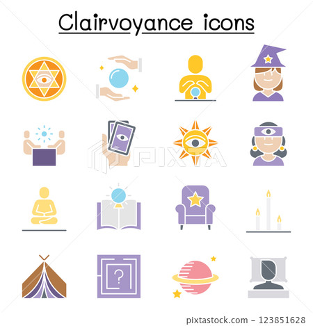 Clairvoyance, fortune teller icon set in flat color style Clairvoyance, fortune teller icon set in flat color style 123851628