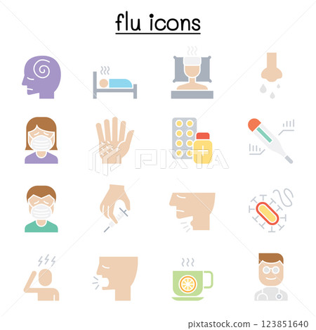 Cold, flu, allergy and sick icon set in flat color style 123851640