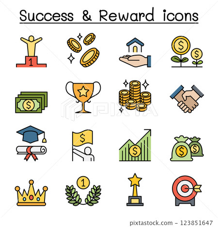 Success , Reward , Bonus and achievement icon set in colorline style Success , Reward , Bonus and achievement icon set in colorline style 123851647