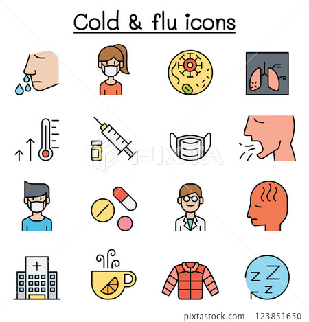 Cold, flu, allergy and sick icon set in colorline style Cold, flu, allergy and sick icon set in colorline style 123851650