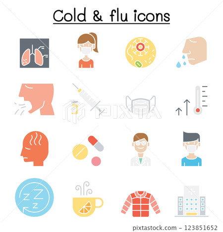 Cold, flu, allergy and sick icon set in flat color style Cold, flu, allergy and sick icon set in flat color style 123851652