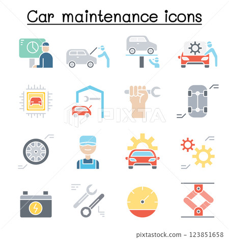 Car service and maintenance icon set in flat color style Car service and maintenance icon set in flat color style 123851658