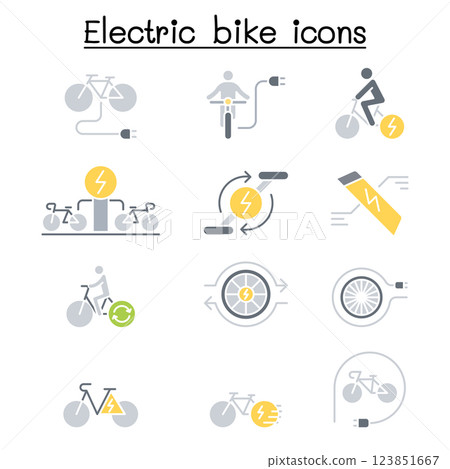 Electric bike icon set in flat color style Electric bike icon set in flat color style 123851667