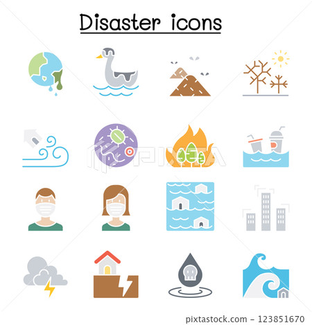 Disaster, pollution icon set in flat color style 123851670
