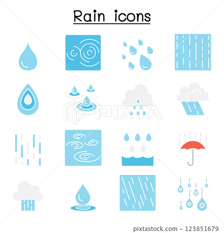 Rain icon set in flat color style Rain icon set in flat color style 123851679