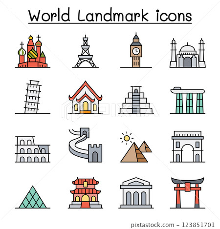 World landmark icon set in colorline style 123851701