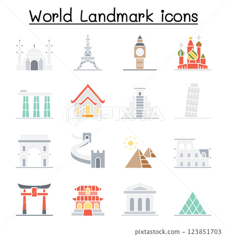 World landmark icon set in flat color style 123851703