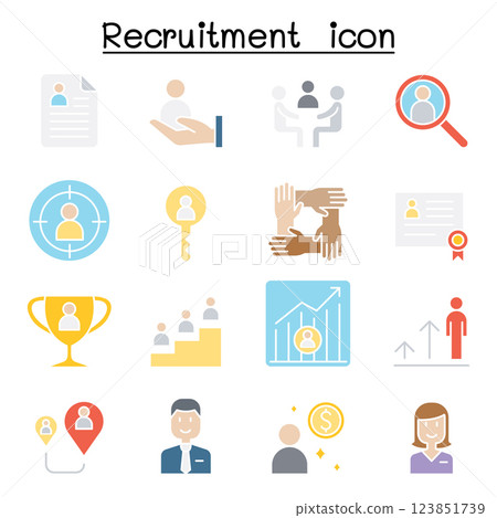 Recruitment and Job icon set in flat color style 123851739