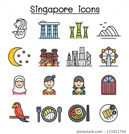Singapore icon set in colorline style 123851740