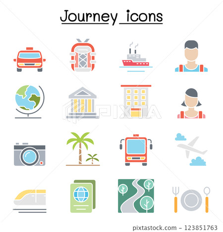 Travel and Tourism icon set in flat color style Travel and Tourism icon set in flat color style 123851763