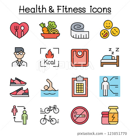 Heath , Fitness, Diet icon set in colorline style Heath , Fitness, Diet icon set in colorline style 123851770