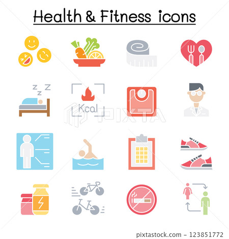 Heath , Fitness, Diet icon set in flat color style Heath , Fitness, Diet icon set in flat color style 123851772