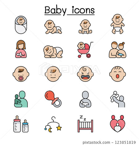 Baby, Infant icon set in colorline style Baby, Infant icon set in colorline style 123851819